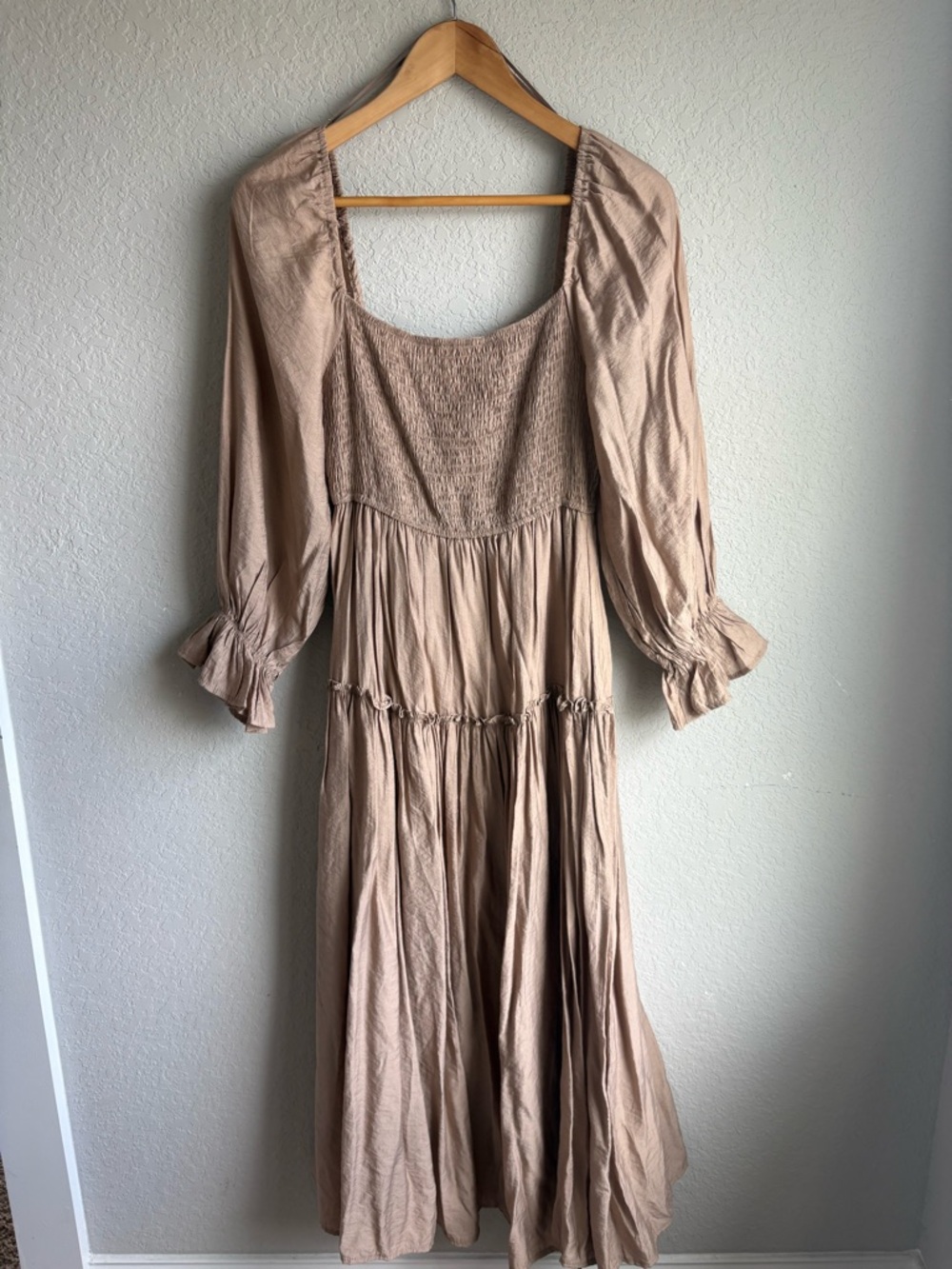 Women's Maxi Dress in Taupe with Smocked Bodice